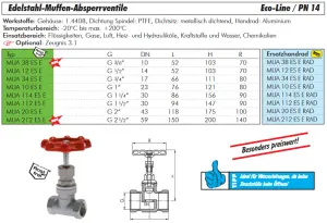 Edelstahl-Muffen-Absperrventile, IG, PN 14 (Eco-Line), Absperrventil, Ventil, Muffenventil, Edelstahlmuffenventil, Edelstahlventil, alle Größen